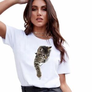 3D Cat Print White T-Shirt